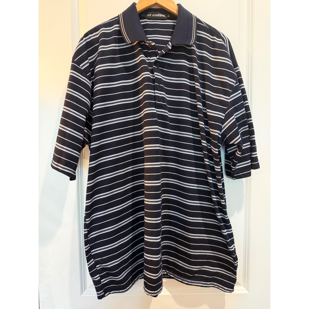 By Joseph Mens XXL Navy Blue White Striped Short Sleeve Polo Shirt Casual